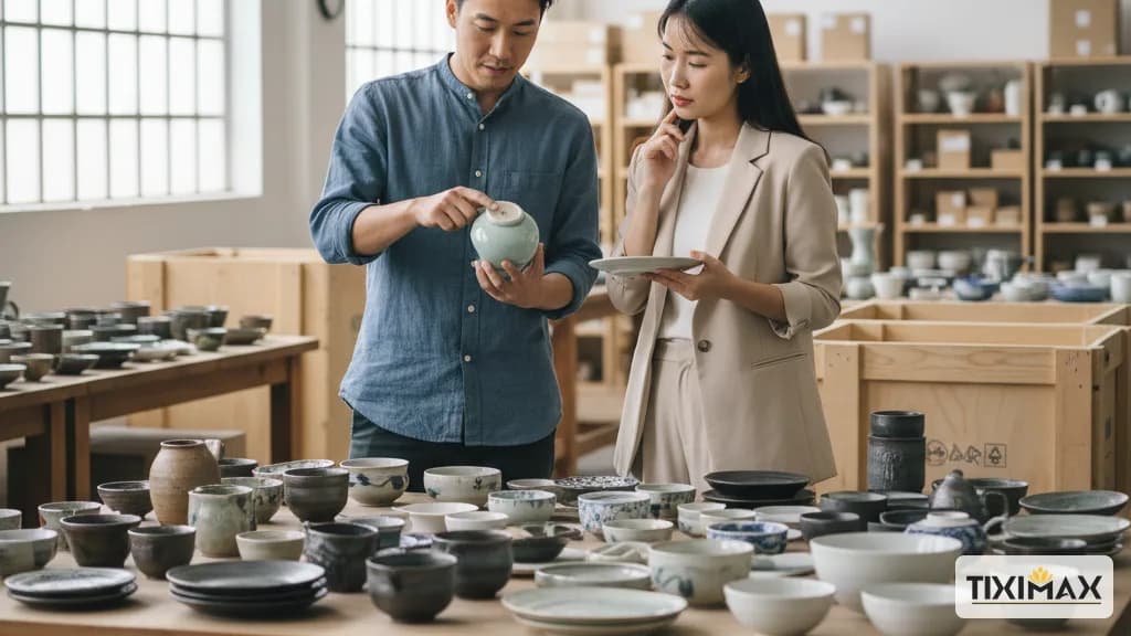 Người đàn ông và phụ nữ xem xét đồ gốm sứ.