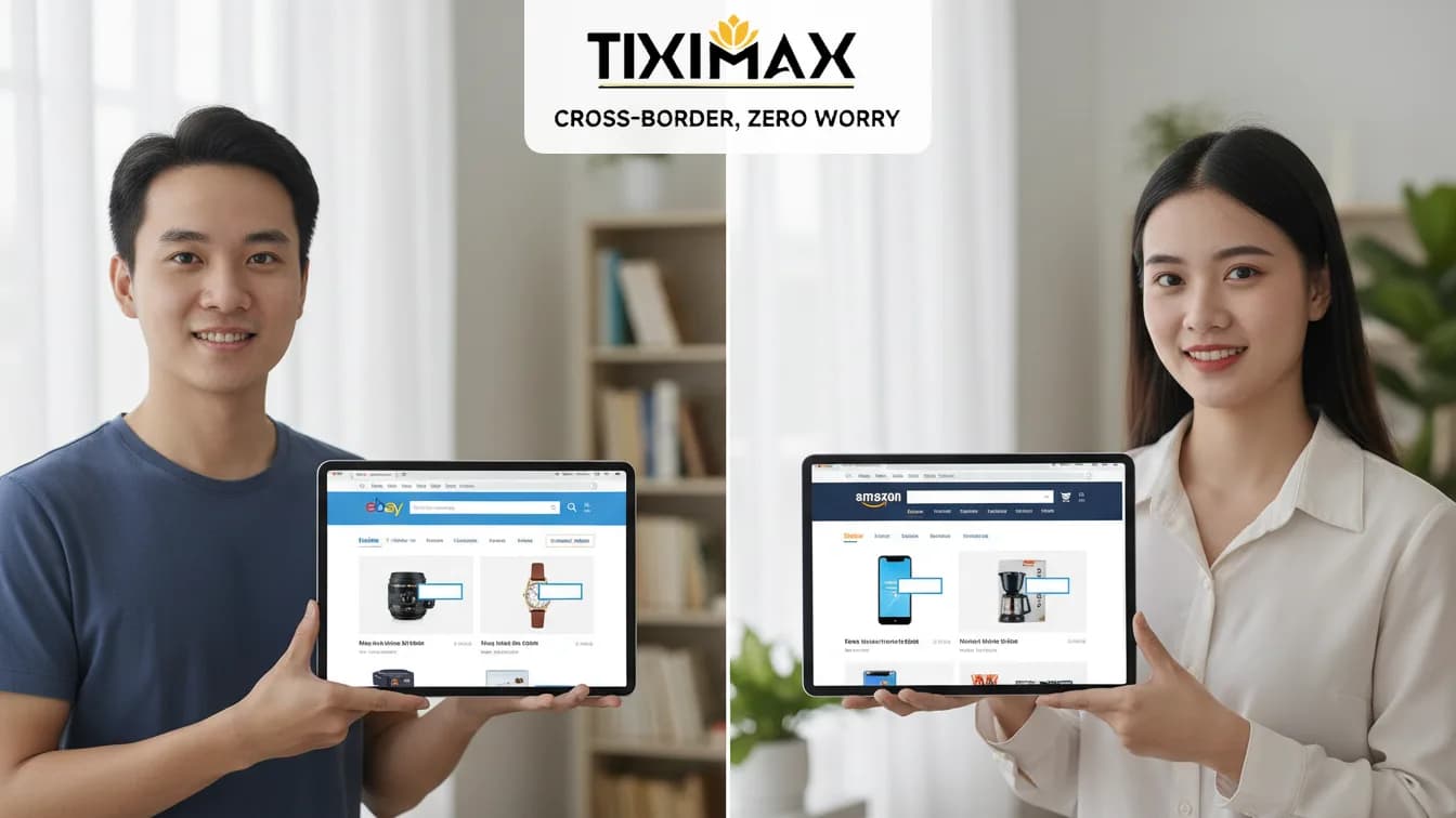 Hai người cầm máy tính bảng hiển thị Amazon và eBay.