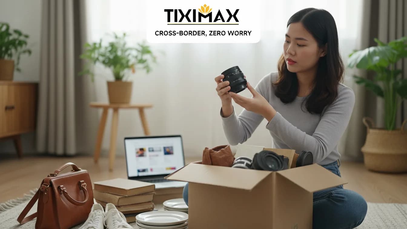 Người phụ nữ kiểm tra ống kính máy ảnh từ hộp hàng.