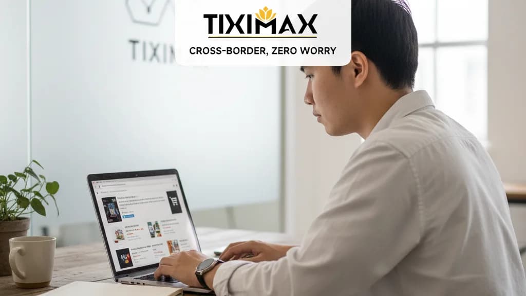 Người dùng đang xem sản phẩm trên Amazon qua màn hình máy tính, phía sau là logo TIXIMAX
