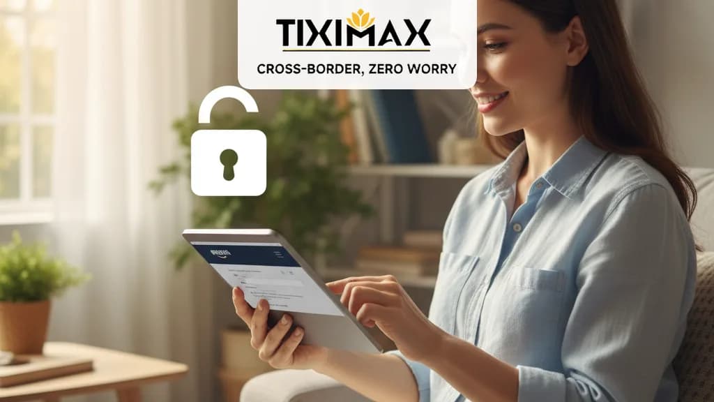 Người phụ nữ đang xem sản phẩm trên Amazon trên máy tính bảng, thể hiện sự cẩn trọng và tìm hiểu thông tin trước khi mua hàng.