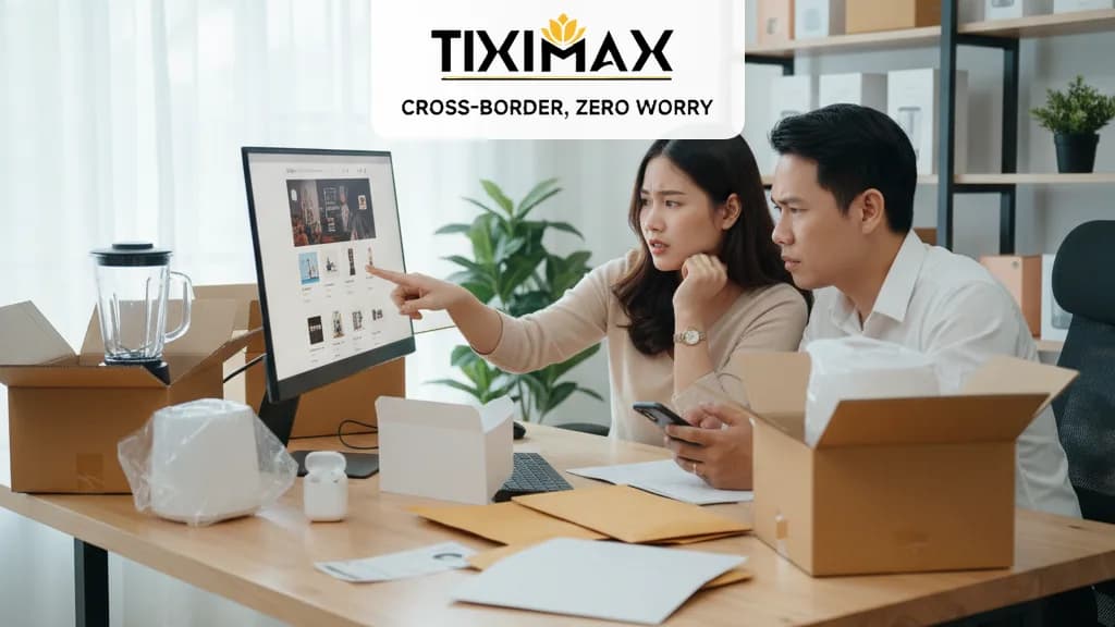 Người phụ nữ đang kiểm tra sản phẩm trên màn hình máy tính với logo Amazon và Tiximax, thể hiện sự cẩn trọng khi mua sắm trực tuyến.