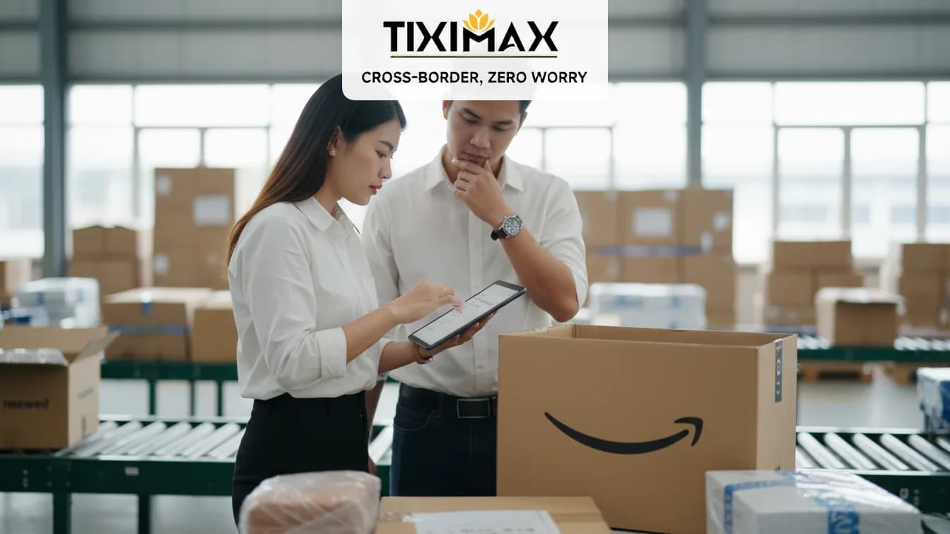 Nhân viên kiểm tra kiện hàng Amazon Renewed trong kho.